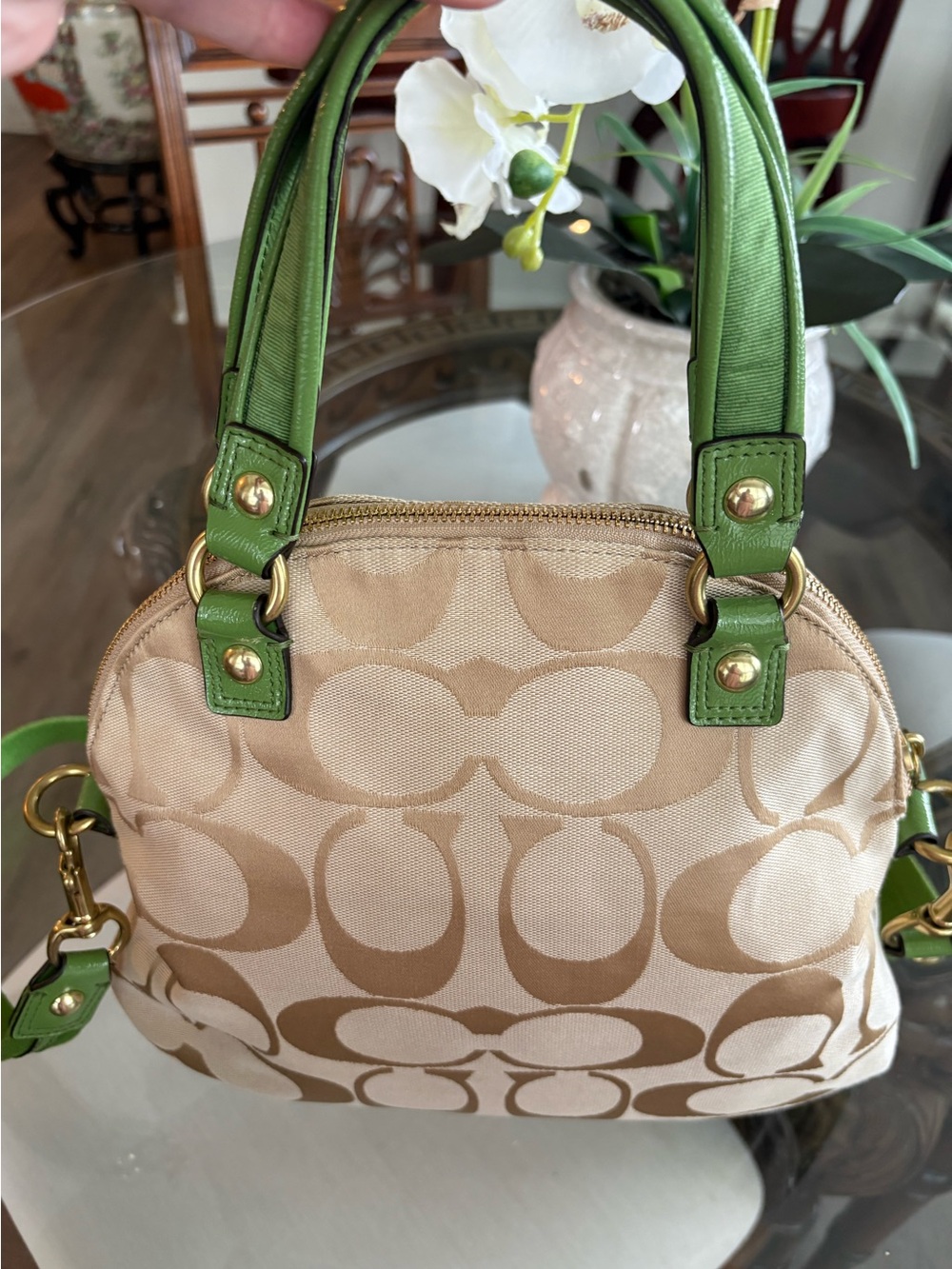 💚💚COACH POPPY DAISY SIGNATURE KHAKI JACQUARD & CHARTREUSE LEATHER BAG!💚💚 - Picture 2 of 10